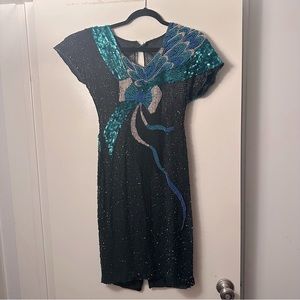 Alyce Designs 100% Silk W/Rayon Liner Vintage80’s Heavily Beaded Sequin Dress S
